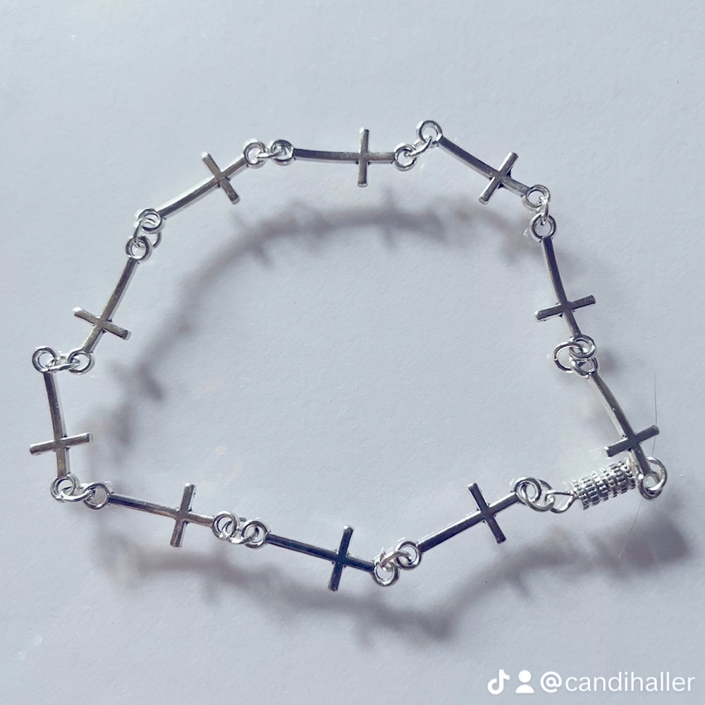 Cross bracelet , 8” with screw closure , all sterling silver , hand made
